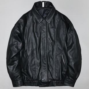 廓版 头层柔嫩牛皮真皮皮衣男女宽松遮肉显瘦男友风青年翻领夹克夫