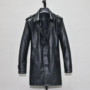 头层薄软牛皮真皮皮衣男女修身 青年翻领休闲商务风衣外套瓜 中长款