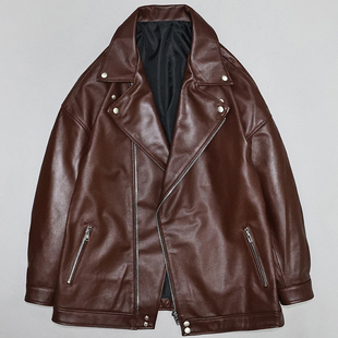 夹克鲁 休闲外套廓版 焦糖色头层牛皮真皮皮衣男女韩版 宽松落肩大码