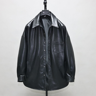 廓版 潮牌沙 柔软头层绵羊真皮皮衣男女宽松青年简约翻领衬衣衬衫
