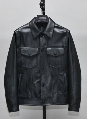 轻洗做旧头层绵羊真皮皮衣男修身短款青年休闲翻领牛仔夹克外套杨