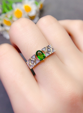 天然透辉石戒指S925纯银精工镶嵌日韩个性时尚百搭俄罗斯祖母绿色