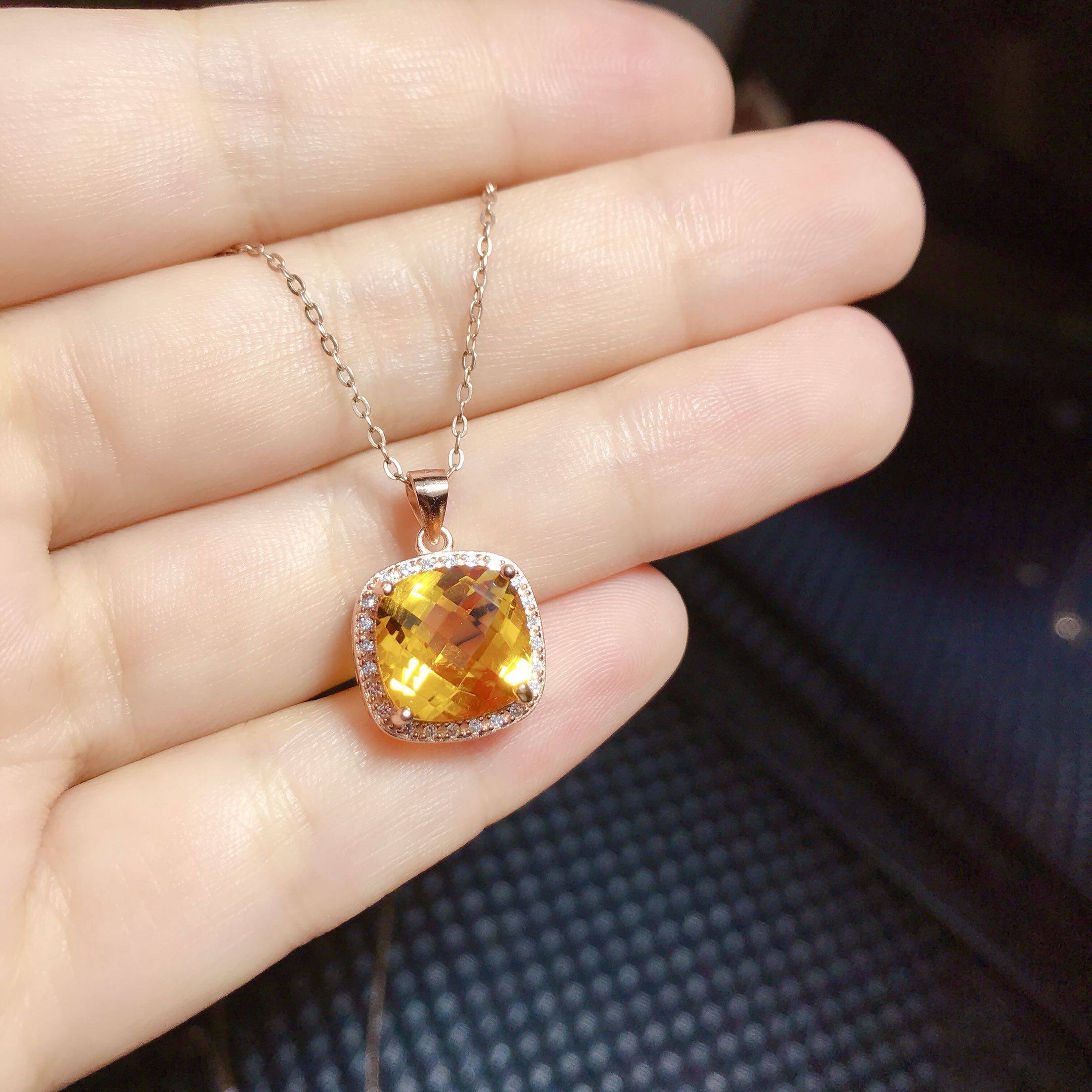 推荐全新黄水晶吊坠女项坠项链925纯银电镀18k玫瑰金色白色