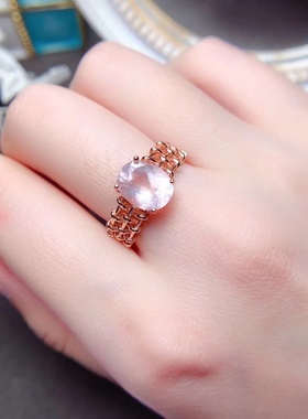 天然芙蓉石戒指女S925纯银镀金色粉水晶粉色宝石日韩时尚活口调节