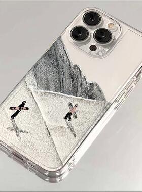 油画雪山滑雪适用苹果17promax手机壳iPhone16/15新款华为mate70秋冬pura80女Reno14全包vivos19荣耀100小米