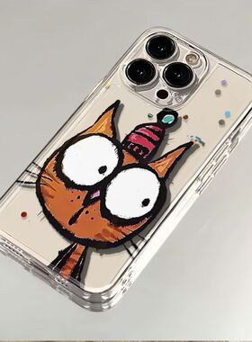 彩绘大头猫咪适用苹果17手机壳iPhone14/16/15promax新款11华为nova13荣耀p80红米note10女opporeno7小米vivo