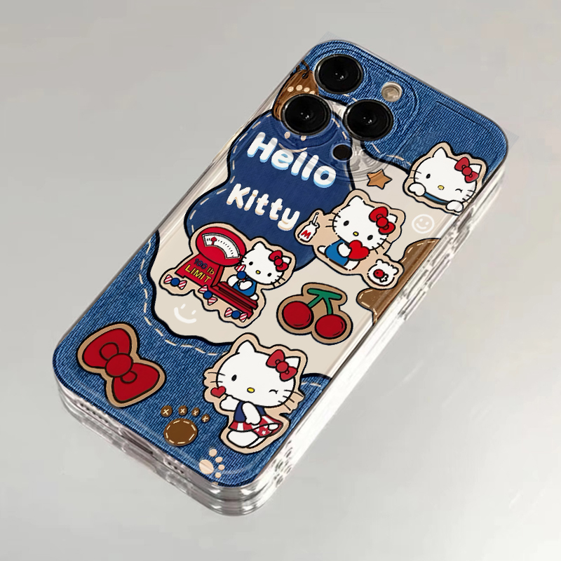 牛仔樱桃KT猫适用苹果16手机壳iPhone15promax新款13华为mate60红米卡通p70小米14软壳vivoo荣耀oppo防摔k70