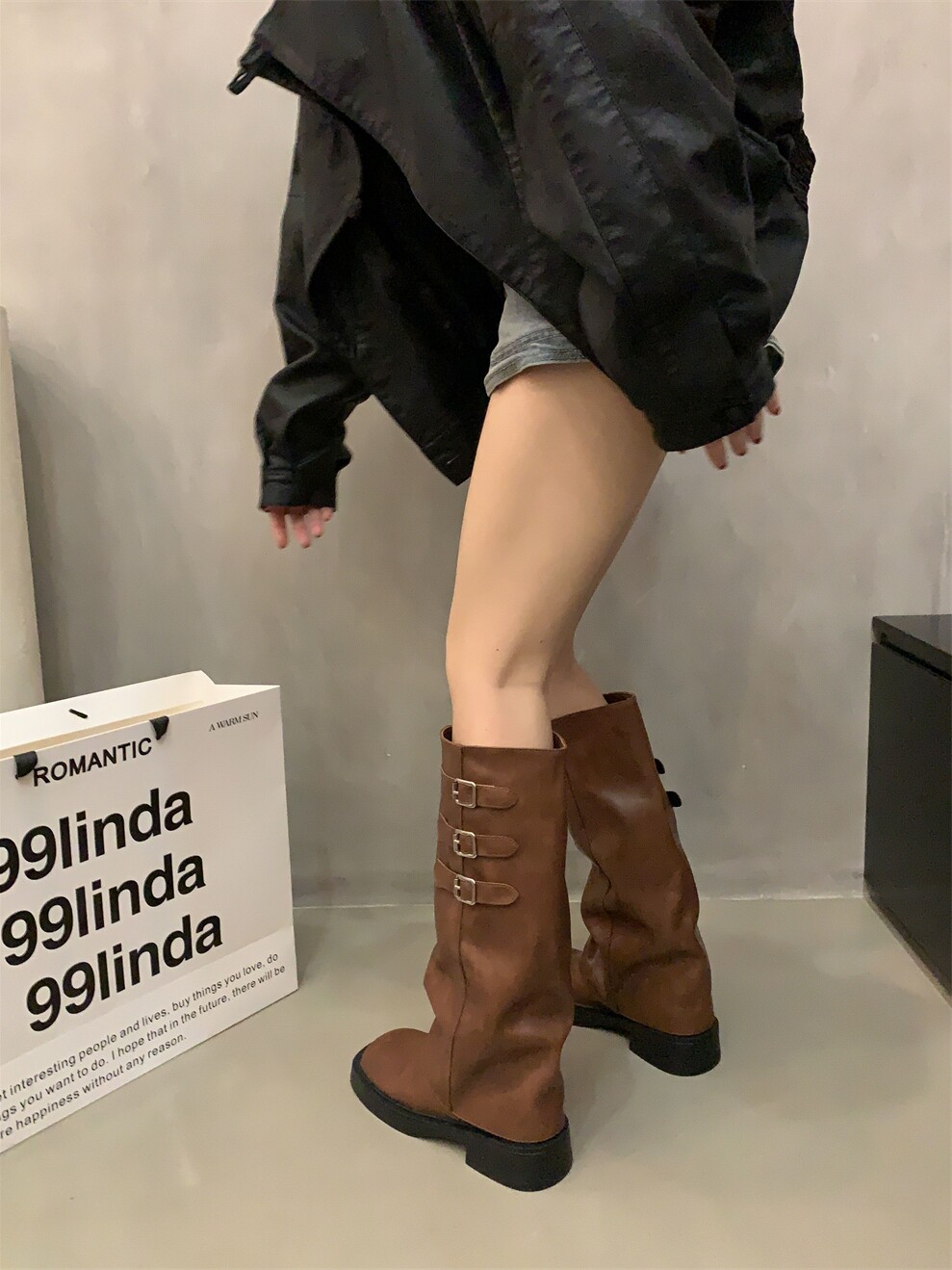 브라운 레트로 하이레그 팬츠 부츠 나이트 부츠 숏부츠 가을 겨울 두꺼운 밑창 여성 부츠 웨스턴 카우보이 부츠