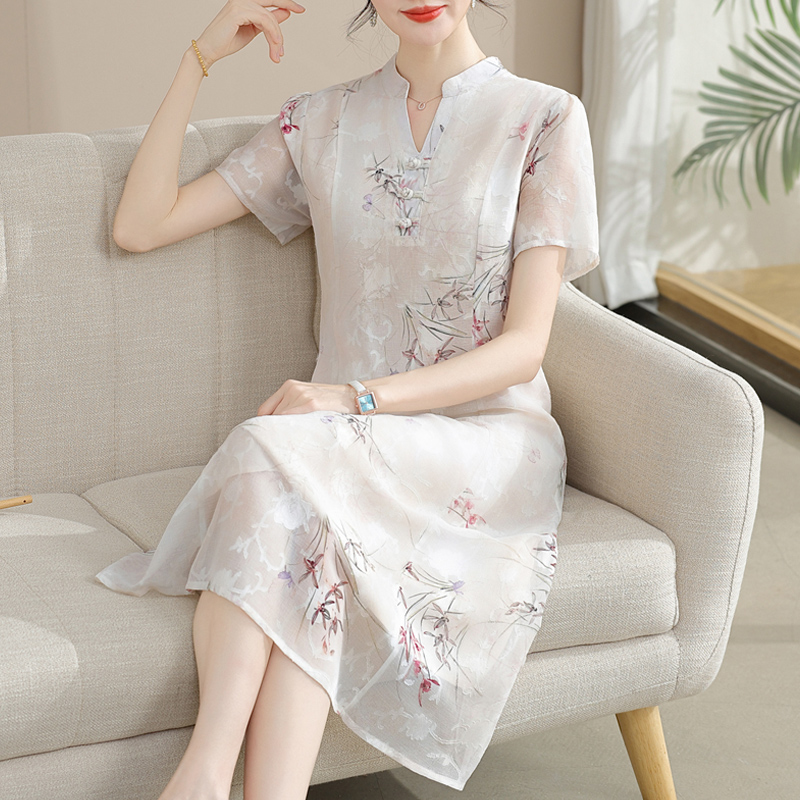 中年连衣裙女2025新款母亲节妈妈夏装改良旗袍中老年碎花雪纺裙子
