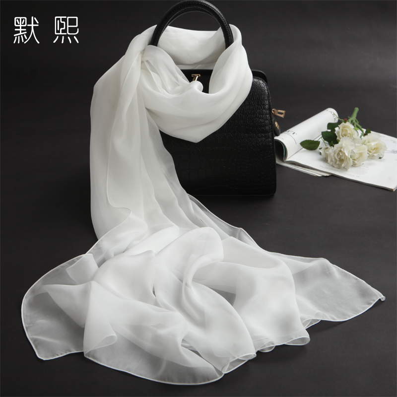 薄款桑蚕丝围巾纯色真丝丝巾女百搭春秋冬季长款白色围巾披肩两用