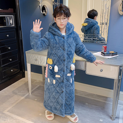 儿童睡衣秋冬季加厚款三层夹棉男童孩珊瑚绒法兰绒睡袍浴袍家居服