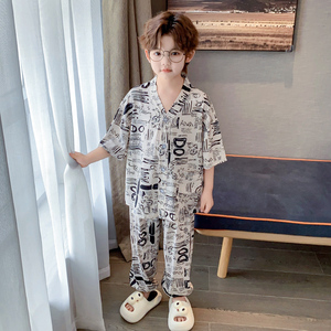 儿童棉绸睡衣薄款男童小孩绵绸夏季天空调家居服中大童乱涂鸦套装