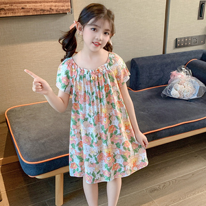 女童睡裙绵绸夏季棉绸儿童薄款宝宝小孩睡衣兔花丛可爱空调家居服