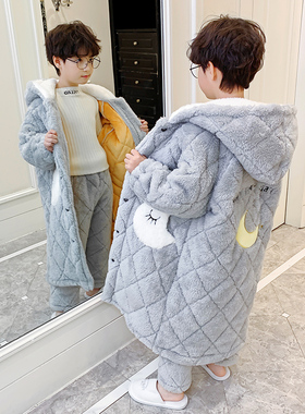 儿童睡衣秋冬季加厚款三层夹棉男童孩珊瑚绒法兰绒睡袍保暖家居服