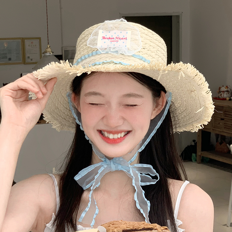 2024新款草帽女夏天大檐毛边草编遮阳帽防晒遮脸沙滩海边蕾丝飘带
