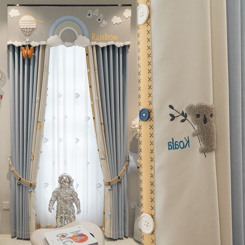 高档轻奢儿童房小动物卡通绣花图案男孩女孩卧室遮光飘窗落地窗帘