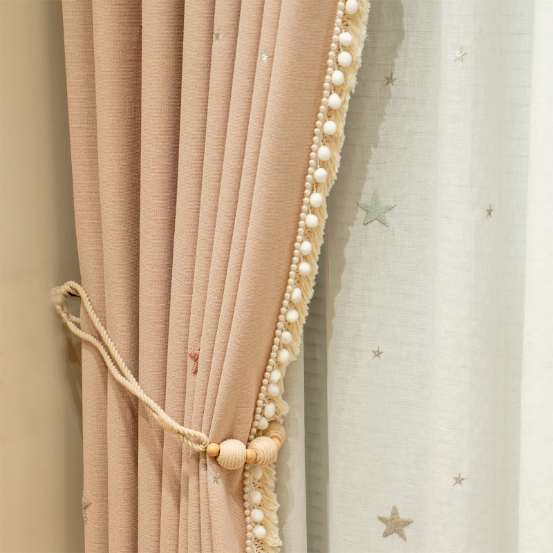 新款高档儿童房女孩卧室公主风雪尼尔星星绣花定制遮光飘窗窗帘布