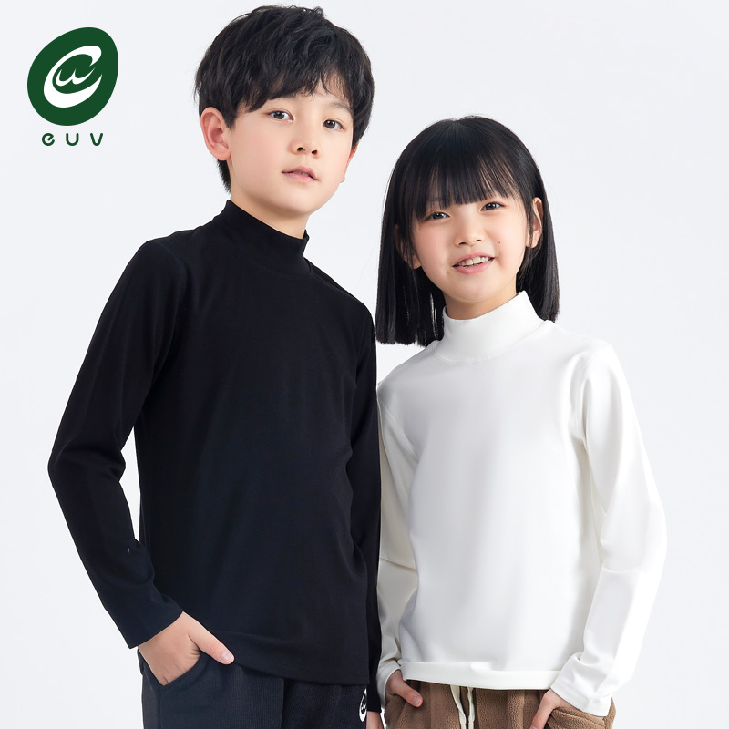 euv儿童半高领德绒打底衫男女童黑色内搭秋衣青少年中大童长袖t恤