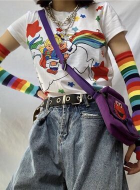 冰袖防晒女夏日jk少女遮纹身伤疤护腕原宿多巴胺彩色条纹潮流袖套