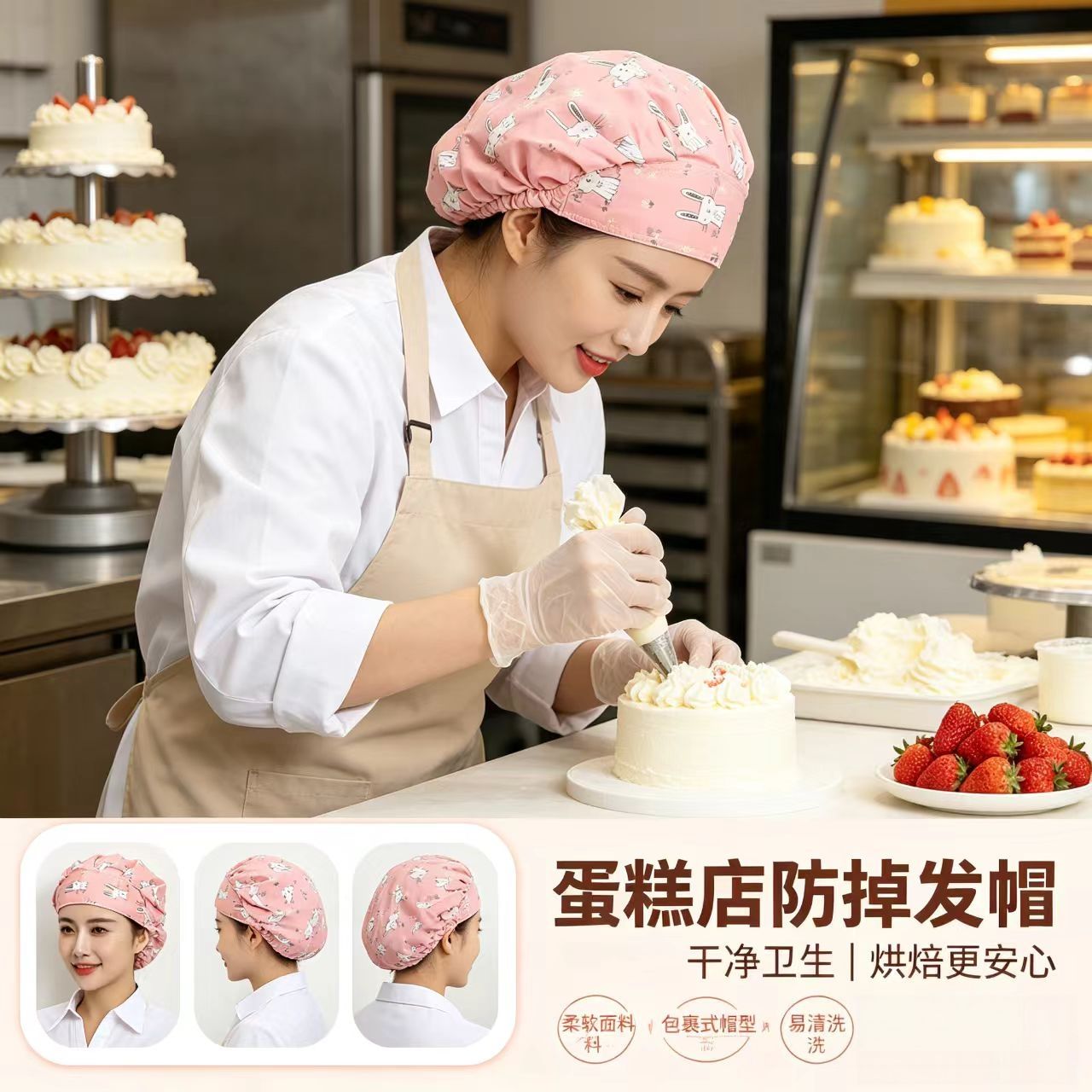 餐饮后厨包头工作帽女蛋糕店烘焙师帽子食堂厨房可调节印花防掉发