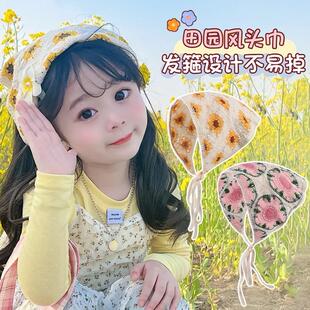 儿童海边沙滩头巾夏季薄款镂空针织三角巾女童小女孩甜美田园发带