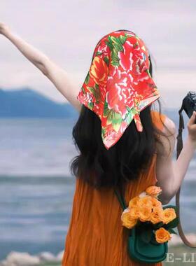丝巾东北大花头巾丝薄款百搭春夏
