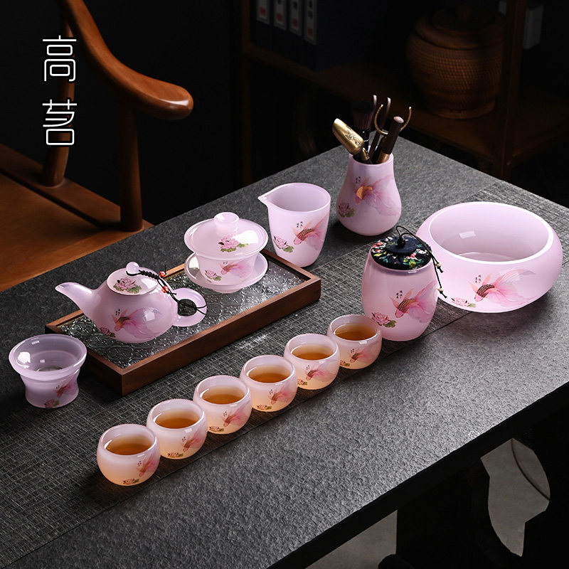 粉色琉璃功夫茶具套装女士精致盖碗茶杯整套女生高颜值礼盒装送人