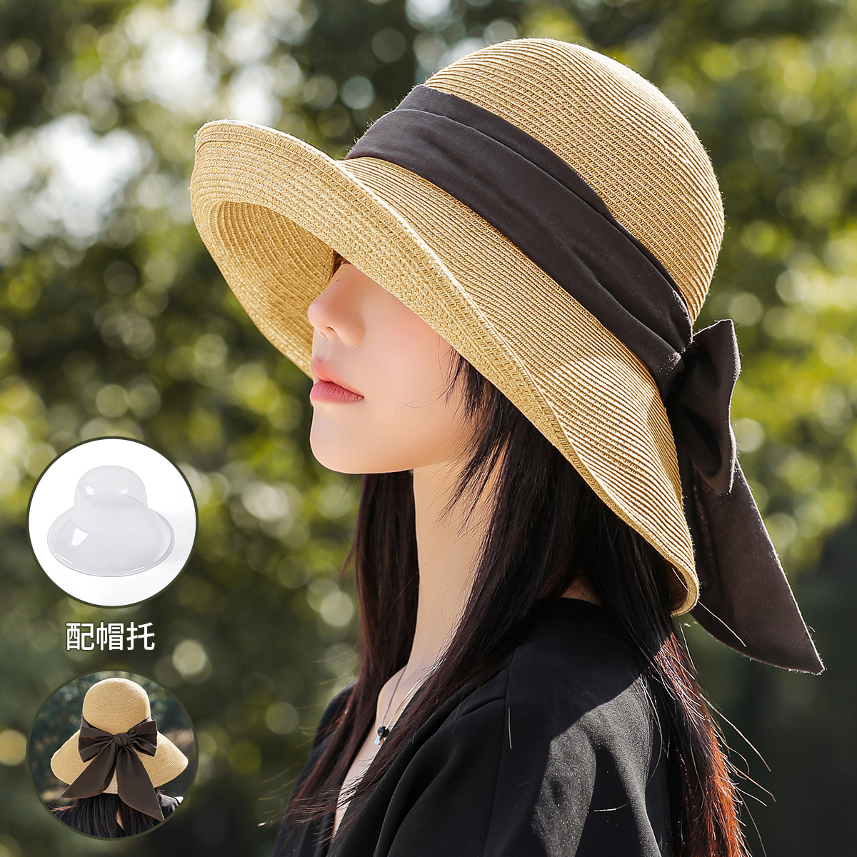 草帽女款2024新款防晒遮阳帽法式夏天草编帽渔夫帽可折叠太阳帽子