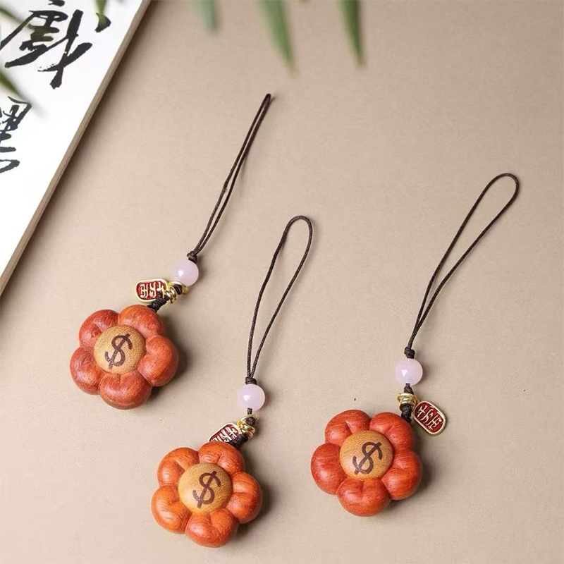 木质雕刻花朵造型手机挂件萌系卡通钥匙扣挂饰创意小萌物吊饰