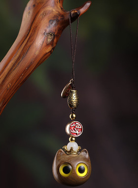 创意绿檀木雕福猫香囊汽车钥匙扣