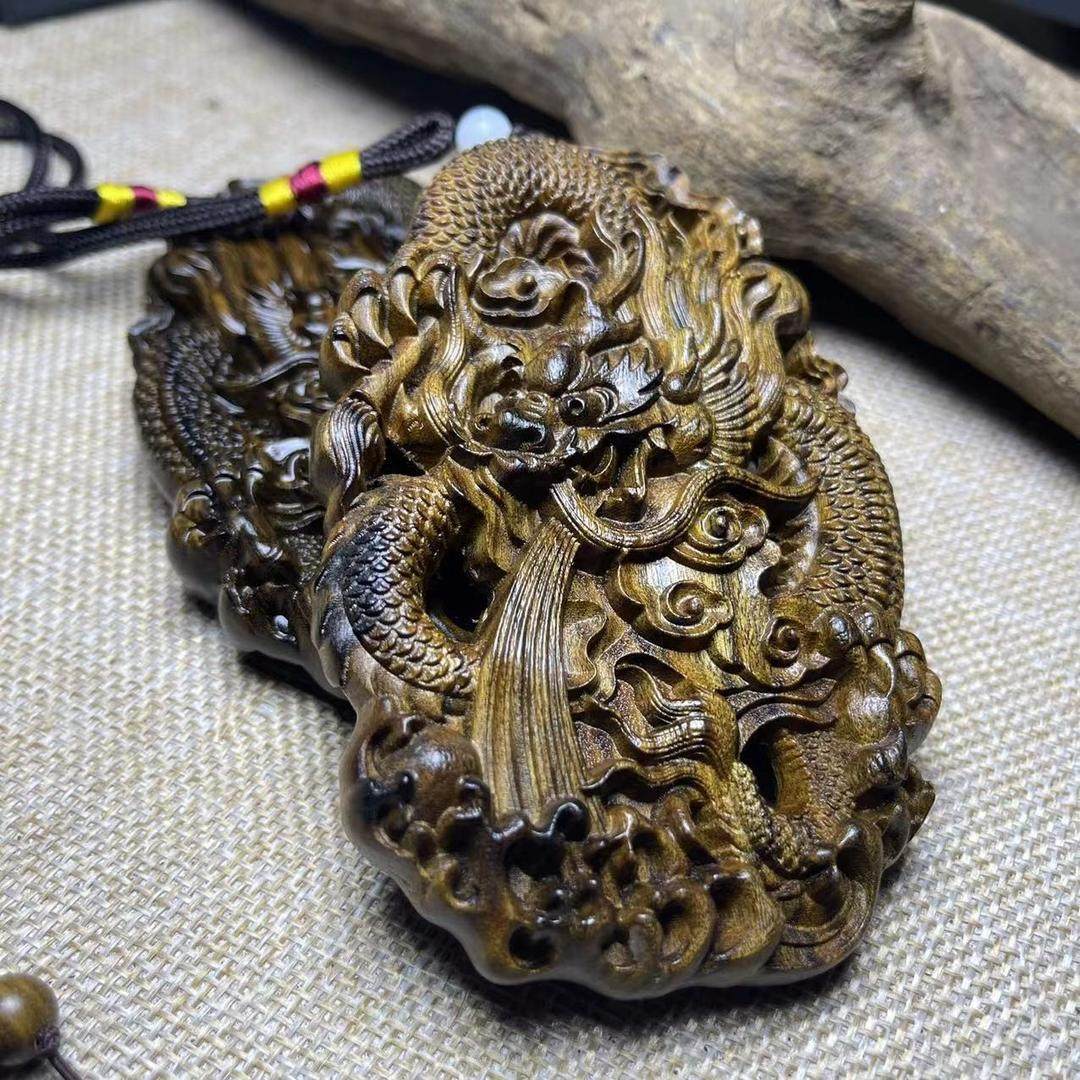 黑柿木龙牌吊坠手把件挂件实木雕刻降龙吐水木雕工艺品随身文玩