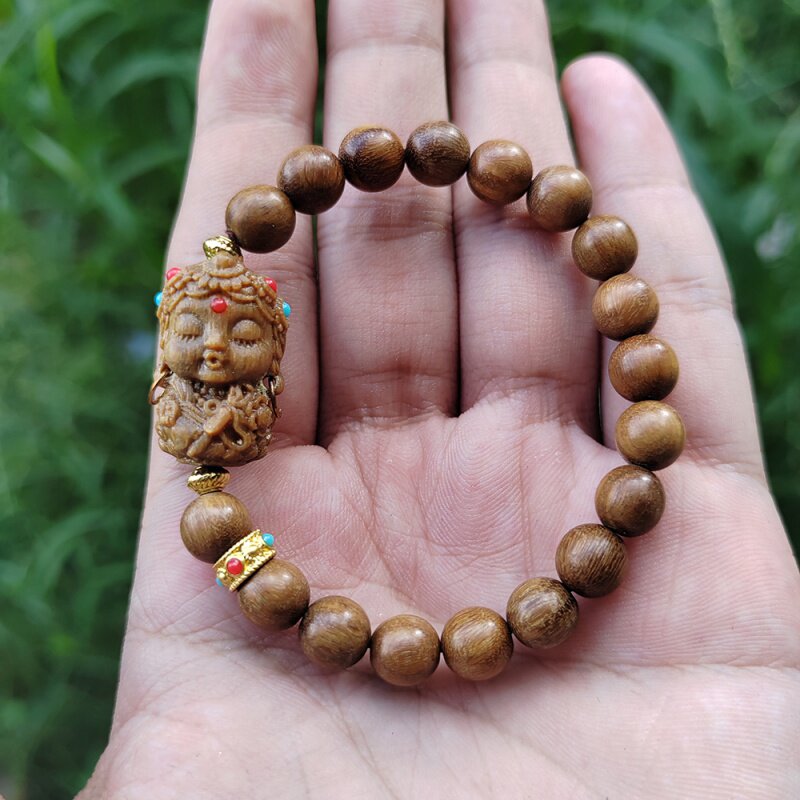 绿檀木手串度母配饰民族风禅意单圈配件佛珠随身手链菩萨把玩珠串