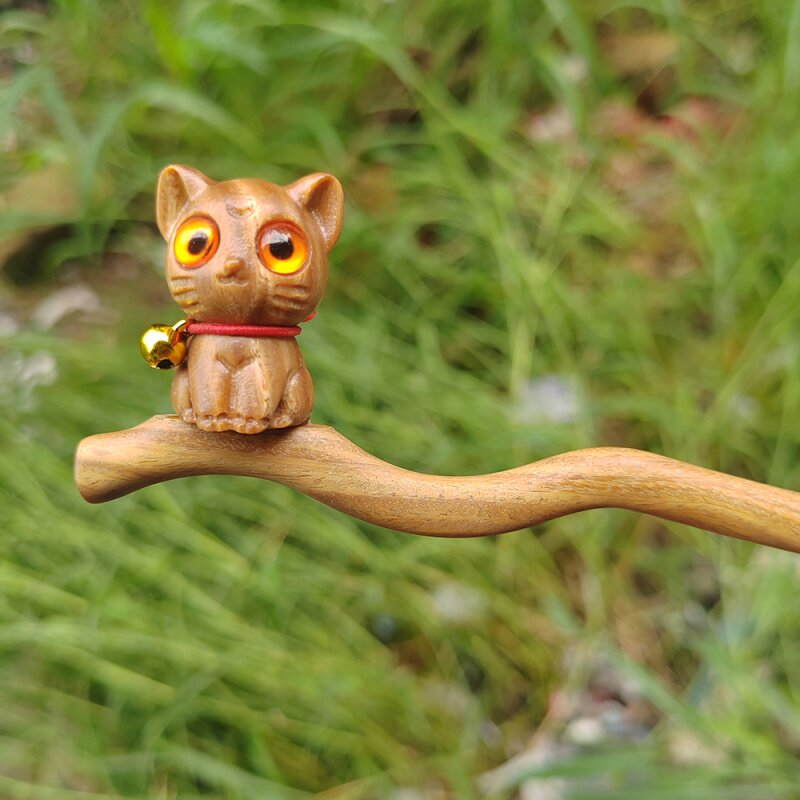 绿檀木发钗露娜猫款发簪现代小公主头钗可爱木簪创意设计简约发饰