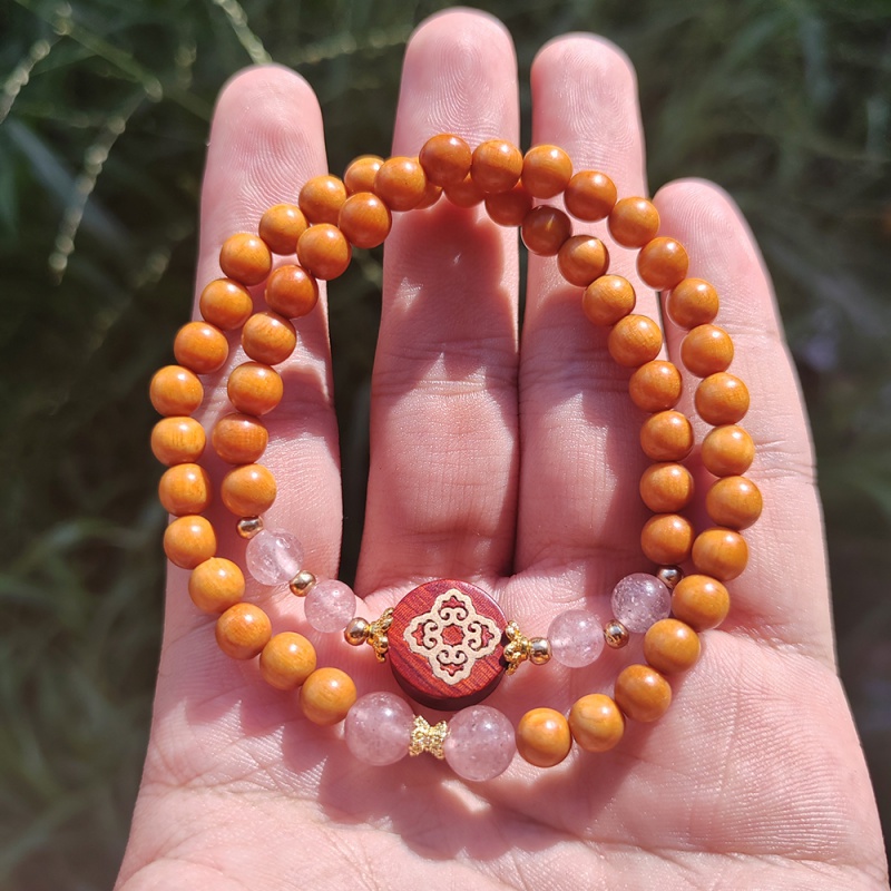 檀香木双圈手串四方如意锁款粉晶