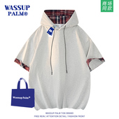 连帽格子拼接半截袖 WASSUP 上衣潮 夏季 美式 PALM短袖 t恤男2025新款