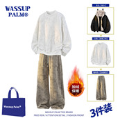 三件装 WASSUP 2025冬季 加绒猫耳外套卫衣长裤 PALM运动服套装 男款