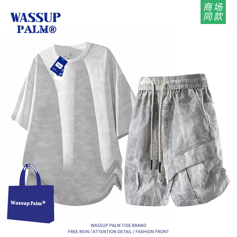 WASSUP PALM运动服套装男2025新款夏季休闲短袖扎染短裤两件套潮
