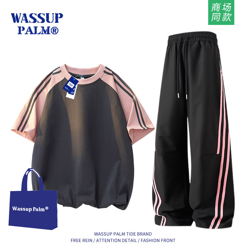 WASSUP PALM运动服套装男女2026新款夏季时尚情侣短袖裤子两件套