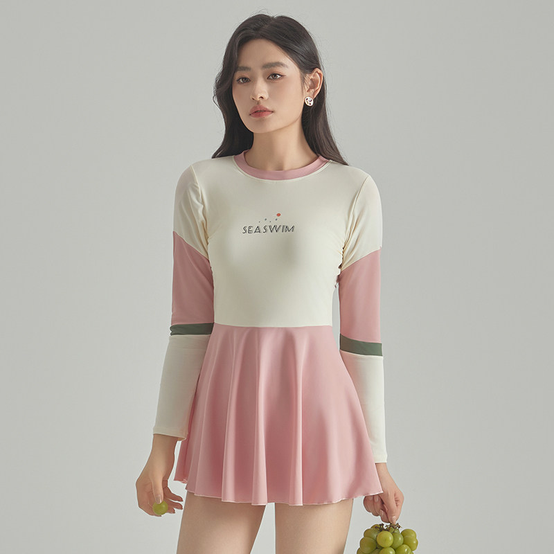 UPF50+长袖防晒连体裙式泳衣女士减龄学生运动夏天泡温泉游泳装