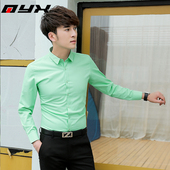 男士 潮流修身 长袖 春秋季 衬衫 韩版 果绿色衬衣青年夜场休闲网红寸衫