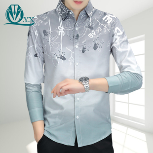 渐变印花衬衫 春秋修身 男士 休闲衬衣帅气百搭男装 上衣 长袖 潮牌个性