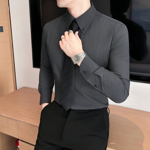 纯色衬衫男士长袖商务休闲衬衣修身免烫抗皱上衣2026春季男装寸衫