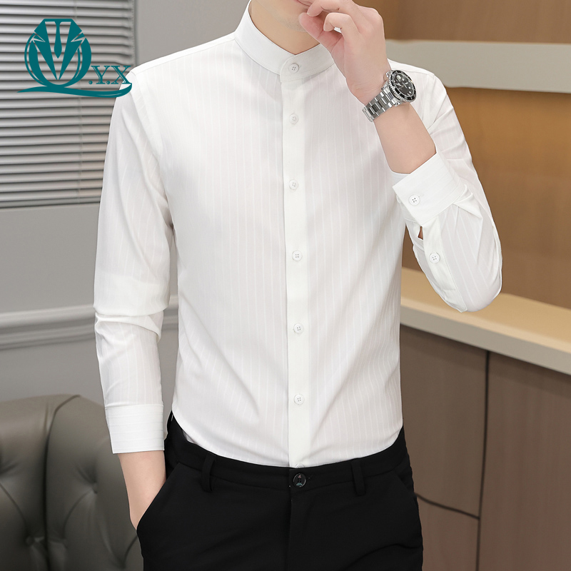 中式国风立领白衬衫男士长袖衬衣轻奢高端男装商务休闲白色高级感