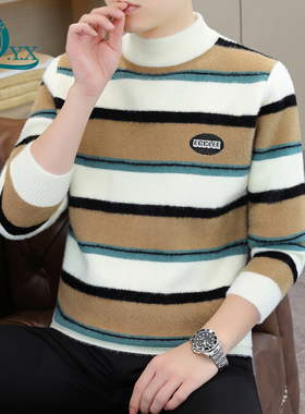 秋冬加厚男士毛衣潮流圆领套头条纹针织衫男生内搭线衣半高领上衣