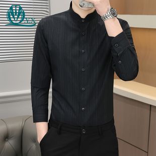 衬衣长袖 休闲修身 商务男装 中式 新款 上衣男士 条纹帅气春季 立领衬衫