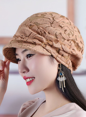 女士春夏天短檐鸭舌帽韩版绣花朵时装贝雷帽秋季圆顶堆堆妈妈帽子