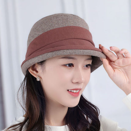 女士秋冬天加绒保暖渔夫帽子优雅显气质卷边拼接呢子盆1129e