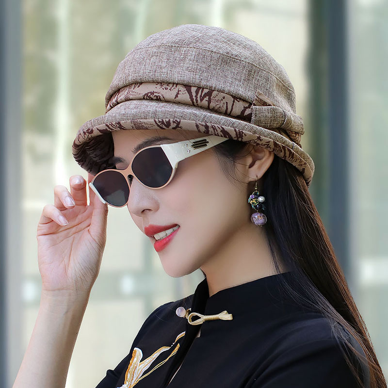 秋上新可折叠卷边印花圆平顶帽盆帽中老年妈妈礼帽遮白发渔夫帽女