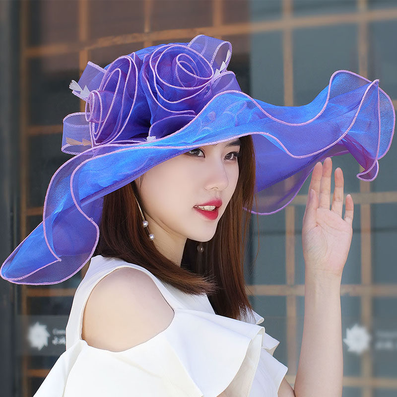 春夏新款欧根纱荷叶边大沿防晒遮阳帽雪纺花朵度假沙滩帽仙女帽女
