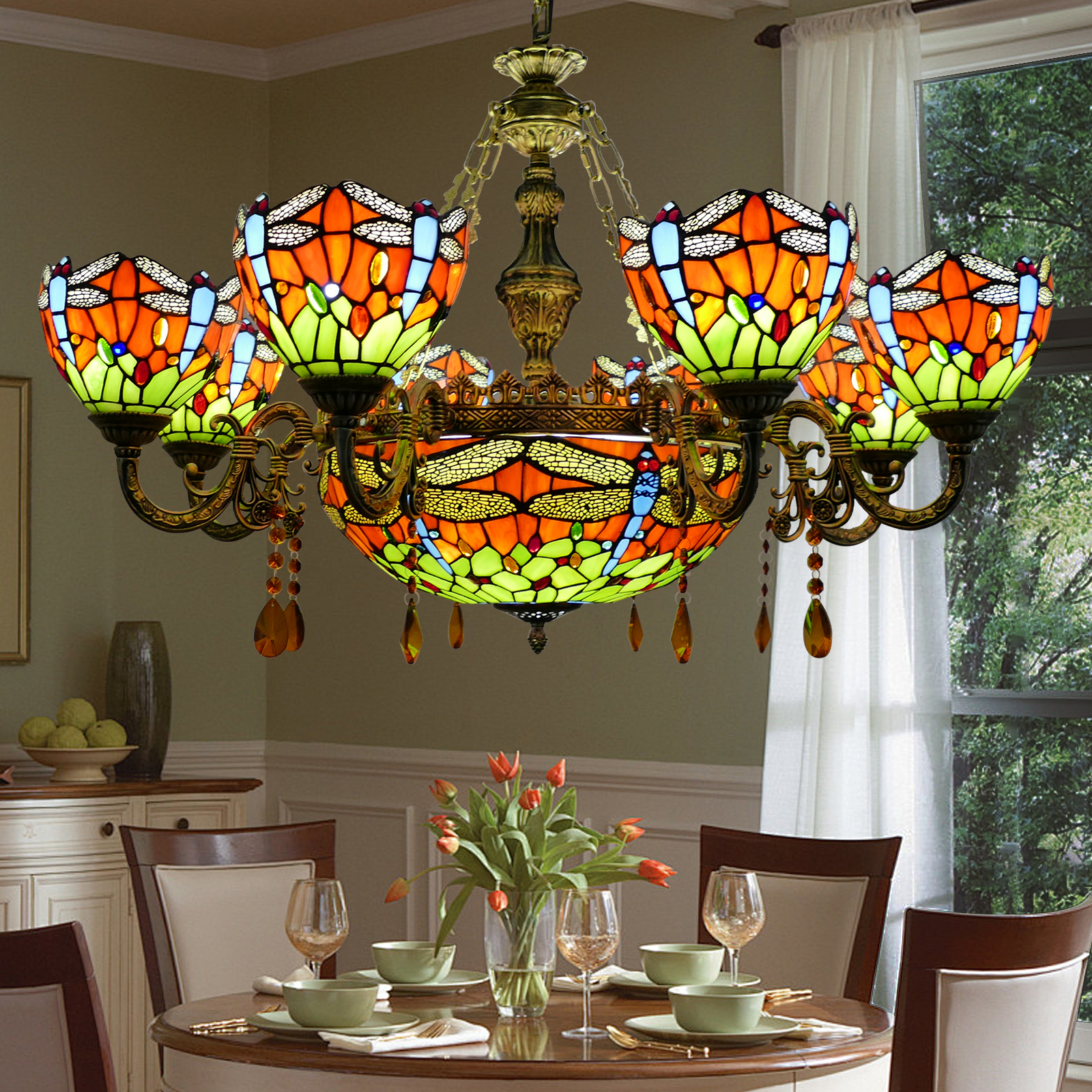 欧式蒂凡尼吊灯客厅餐厅蜻蜓灯酒店卧室民宿咖啡厅水晶多头吊灯